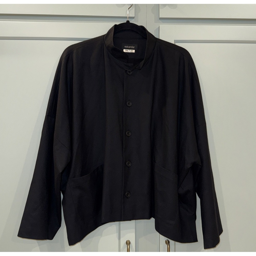 ESKANDAR Black Wool Cashmere Blend Mandarin Collar Patch Pocket Short Jacket Sz1